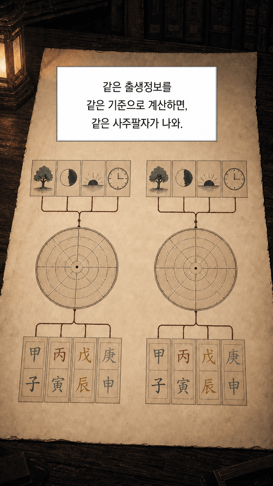 같은 기준이면 같은 사주팔자가 나오는 원리를 설명하는 장면
