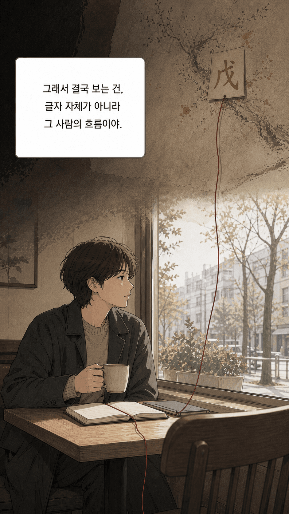 글자의 구조에서 사람의 흐름으로 이어지는 전환 장면