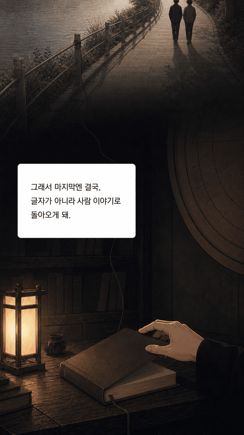 사람의 이야기에서 서재와 책으로 돌아오는 전환 장면
